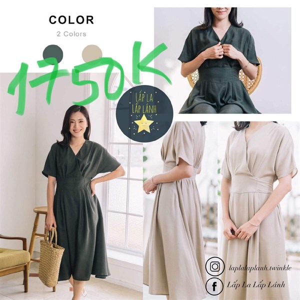 Konny Đầm bỉm sữa đan chéo nhấn eo Xanh Rêu