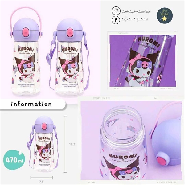 Lilfant Bình nước có ống hút 470mL Kuromi