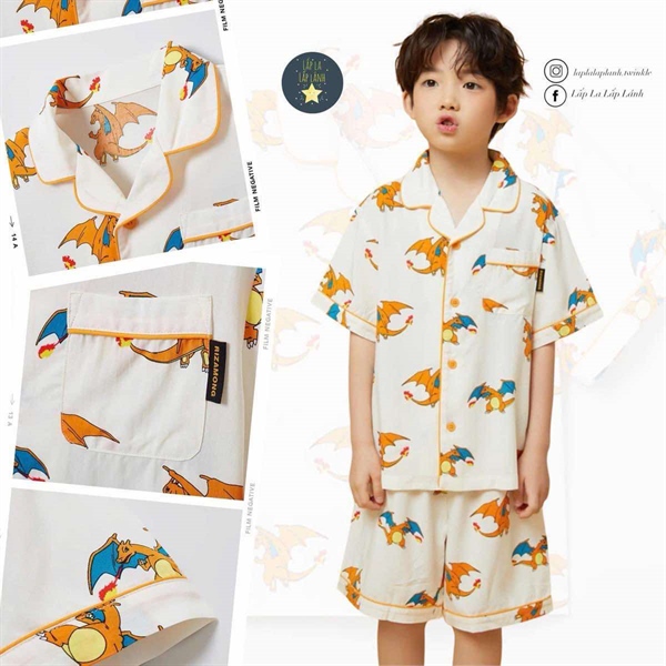 Spaokids Set pyjama Pokemon ivory ngắn tay cổ V size 110