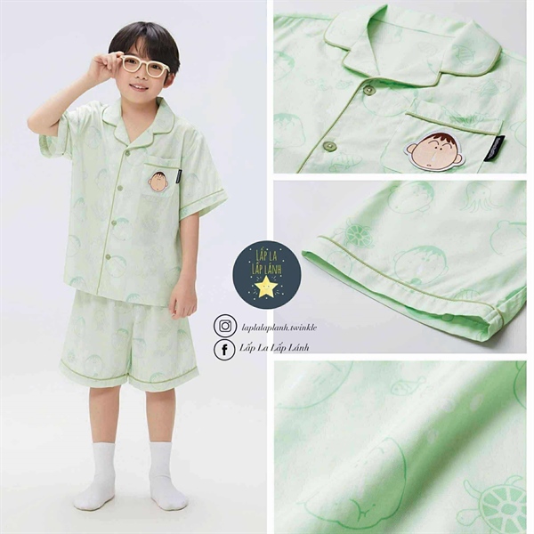 Spaokids Set pyjama Chaien xanh lá ngắn tay cổ V size 120