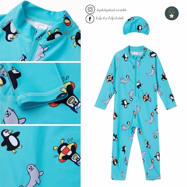 Ozkiz Set đồ bơi cánh cụt xanh kèm nón size 140