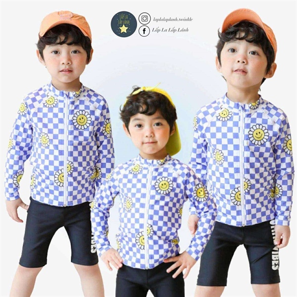 Rorochat Set đồ bơi Áo caro xanh quần ngắn đen size 13