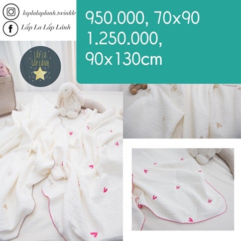 Naturestitch Chăn Vải Gold Heart Nền Trắng Viền Nâu 70x90cm