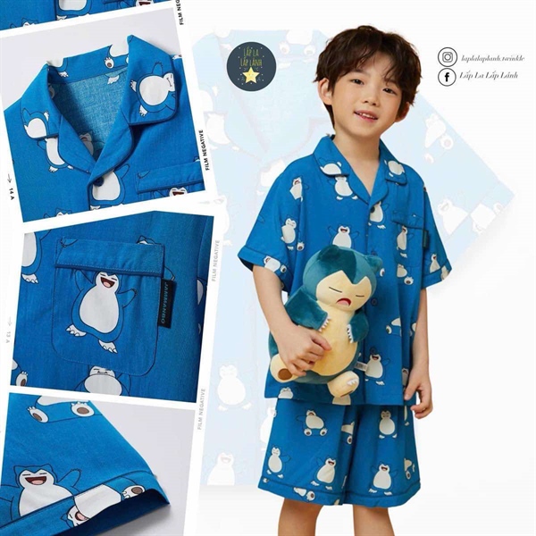 Spaokids Set pyjama Pokemon xanh ngắn tay cổ V size 110