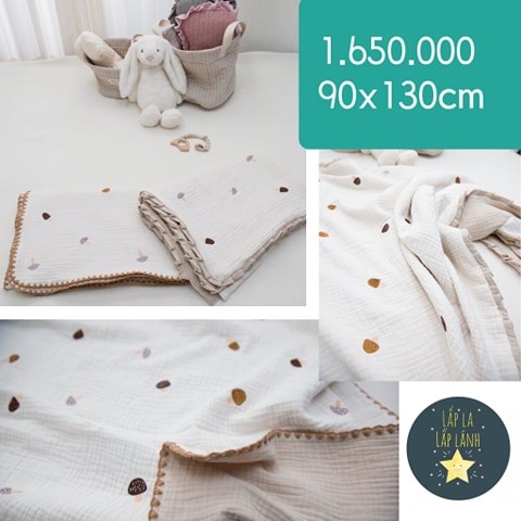 Naturestitch Chăn Vải Họa Tiết Nấm Nền Trắng Viền Bèo 90x130cm