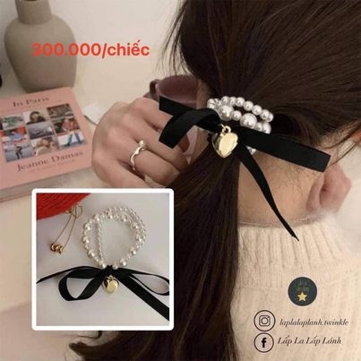 Byladies Scrunchies ngọc trai nơ Đen