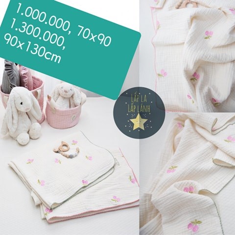 Naturestitch Chăn Họa Tiết Cherry Hồng Cuống Xanh Nền Trắng Viền Hồng 90x130cm