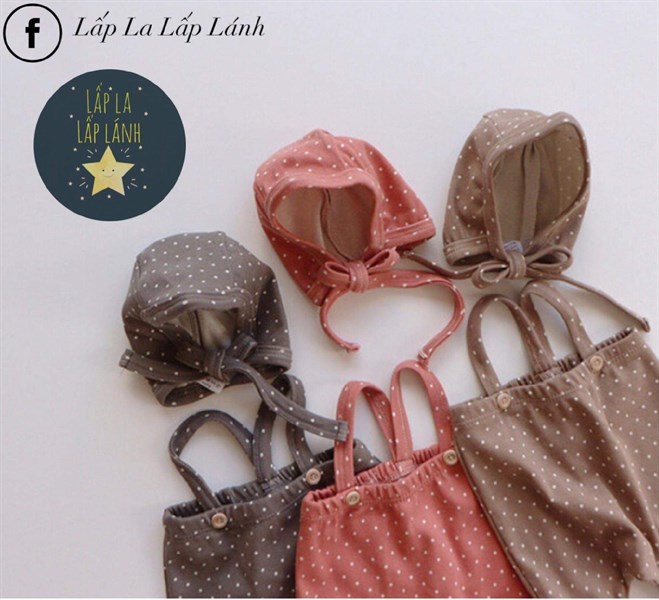 Peekaboo Quần yếm + Mũ buộc Chấm bi Đỏ size 3m