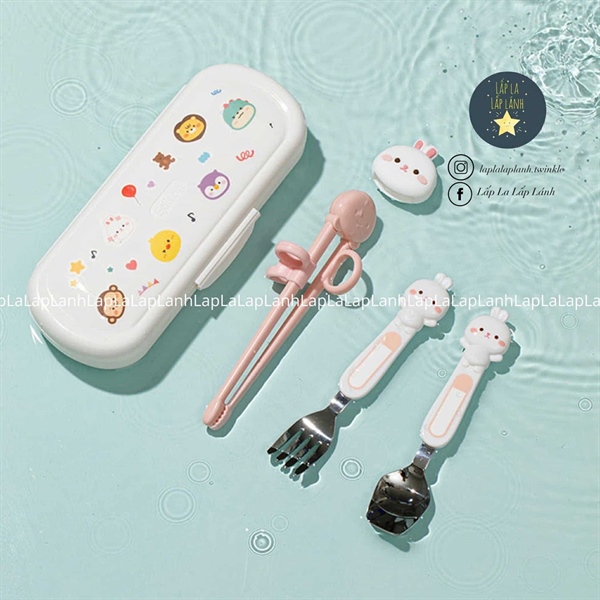 Edison Set muỗng nĩa đũa tập gắp Figure Thỏ hồng kèm hộp