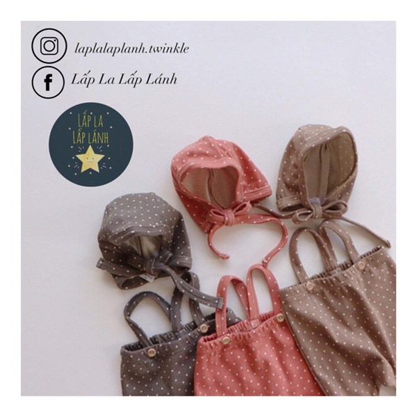 Peekaboo Quần yếm + Mũ buộc Chấm bi Xám size 6m