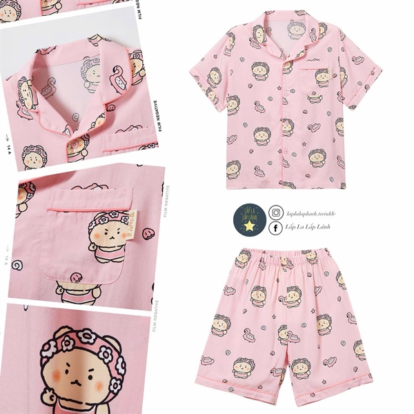 Spaokids Set pyjama Gấu hồng ngắn tay cổ V size 130