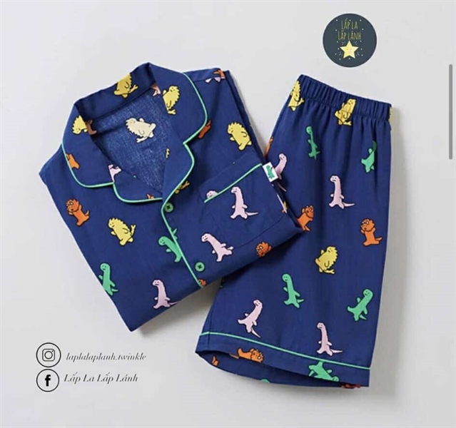 Spaokids Set pyjama Khủng long nền xanh đậm ngắn tay size 130