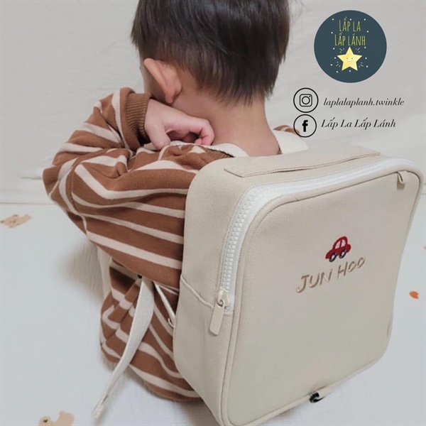 Bongbongmonster Balo size LỚN thêu tên + hoạ tiết nhỏ Beige