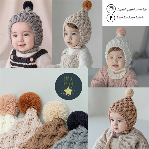 Happy Prince Nón chóp len đan chéo quả bông Beige nhạt