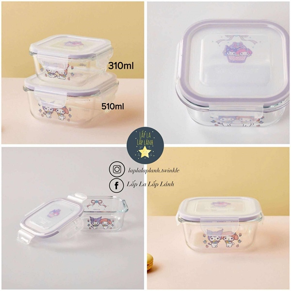 Corelle Hộp trữ thủy tinh vuông Kuromi 310mL