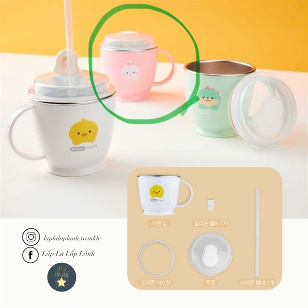 Edison Ly inox Thỏ trắng nền hồng có nắp có ống hút