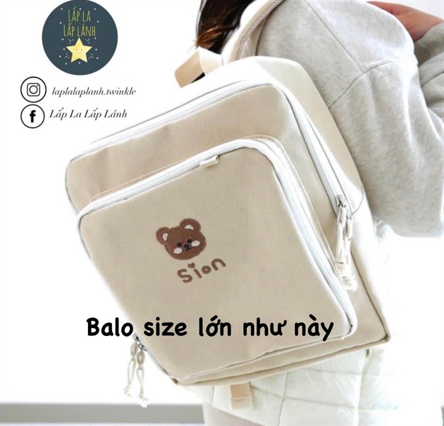 Bongbongmonster Balo size lớn thêu tên + hoạ tiết lớn Beige