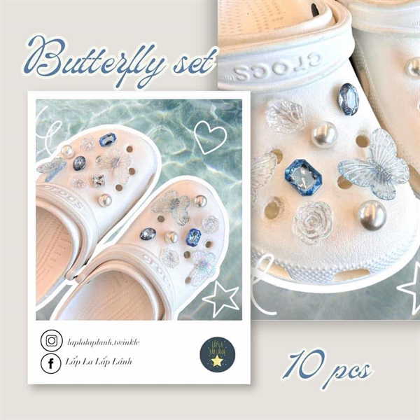 Crocs Set charm bướm xanh