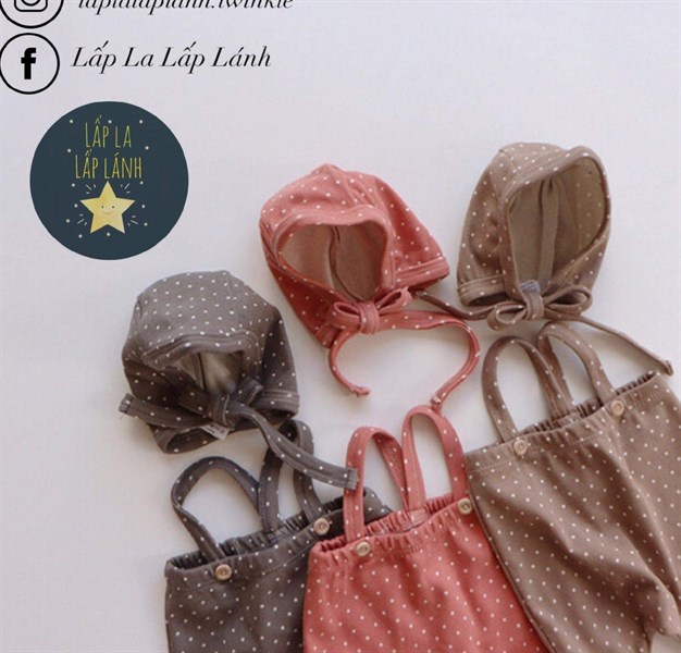 Peekaboo Quần yếm + Mũ buộc Chấm bi Đỏ size 6m